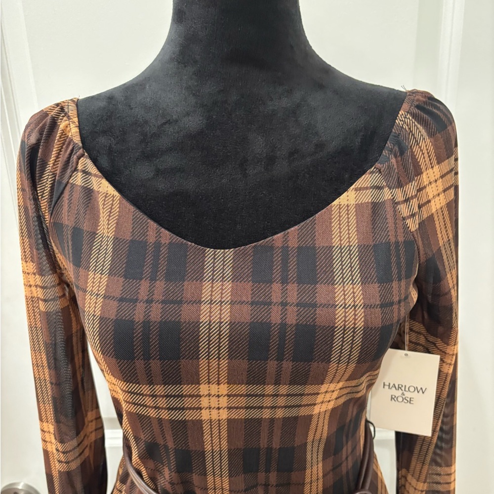 NWT Harlow & Rose 70’s retro plaid sheer layered waterfall dress - M - Picture 9 of 13